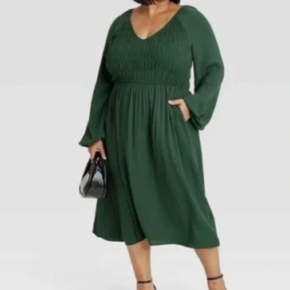 GUC Ava and Viv  Womenss Balloon Long Sleeve Smocked Midi Bodice Dress - Picture 1 of 6